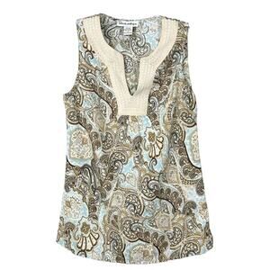 Telluride Clothing Co. Womens Linen Paisley Tank Top Beige Blue Size Small
